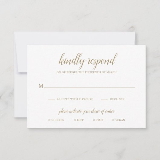 Elegante einfache formale Script-GoldWedding RSVP Karte (Vorderseite)