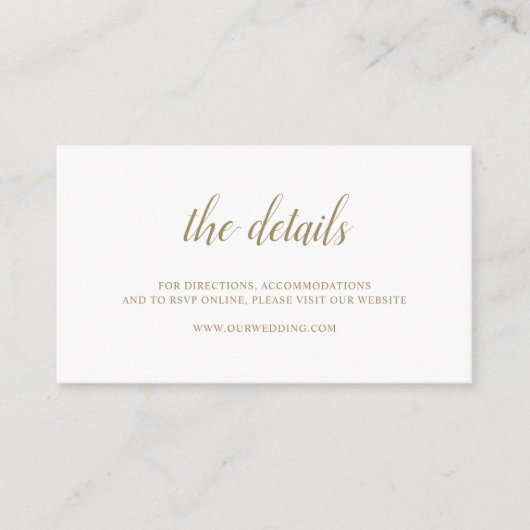 Elegante einfache formelle Skriptwebsite Gold Wedd Begleitkarte (Vorderseite)