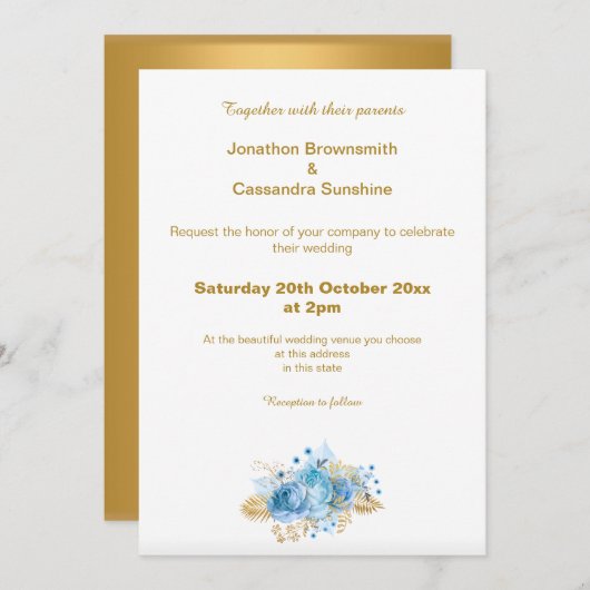 ELEGANTE EINFACHE GOLD BLUE FLORAL GOLD WEDD EINLADUNG (Vorne/Hinten)