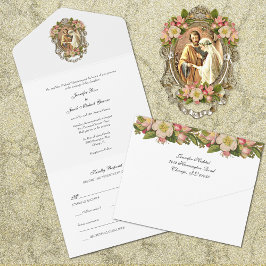 Elegante einfache goldkatholische Blumenhochzeit All In One Einladung