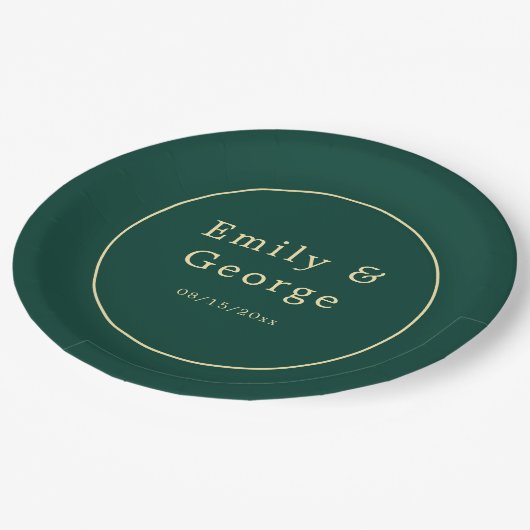 Elegante einfache grüne Gold Klasse Moderne Hochze Pappteller (Schrägansicht)