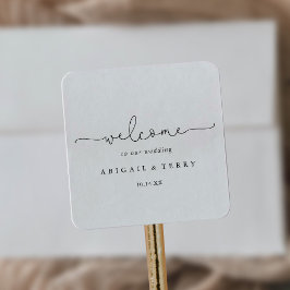 Elegante einfache kalligraphische Hochzeit Willkom Quadratischer Aufkleber