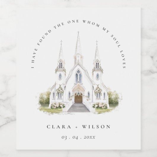 Elegante Einfache katholische Wasserfarbenkirche H Weinetikett (Einzelnes Label)