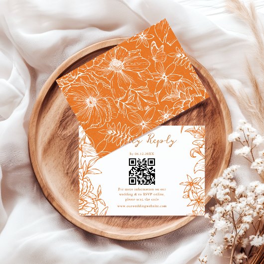 Elegante einfache Kupfer-Blumen-QR-Code-Hochzeit RSVP Karte