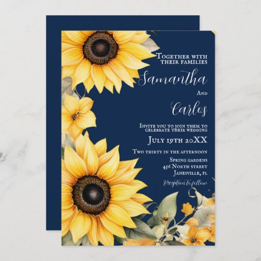 Elegante, einfache Marine, Sonnenblumen Hochzeit E Einladung (Vorne/Hinten)