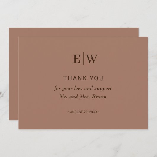 Elegante einfache Mocha-Mousse mit Monogram-Hochze Dankeskarte (Vorne/Hinten)