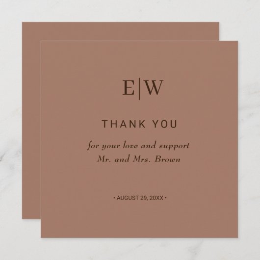 Elegante einfache Mocha-Mousse mit Monogram-Hochze Dankeskarte (Vorne/Hinten)