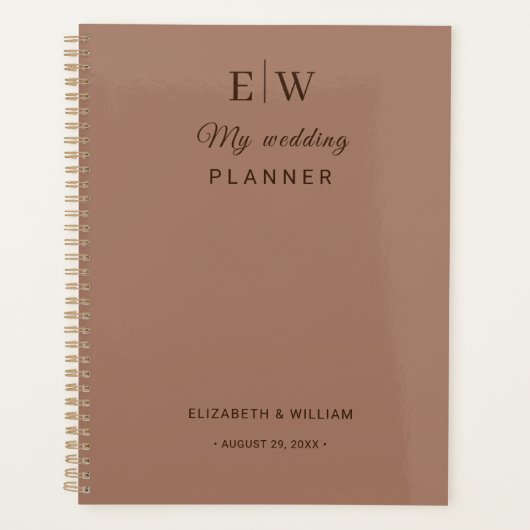 Elegante einfache Mocha-Mousse mit Monogram-Hochze Planer (Vorderseite)