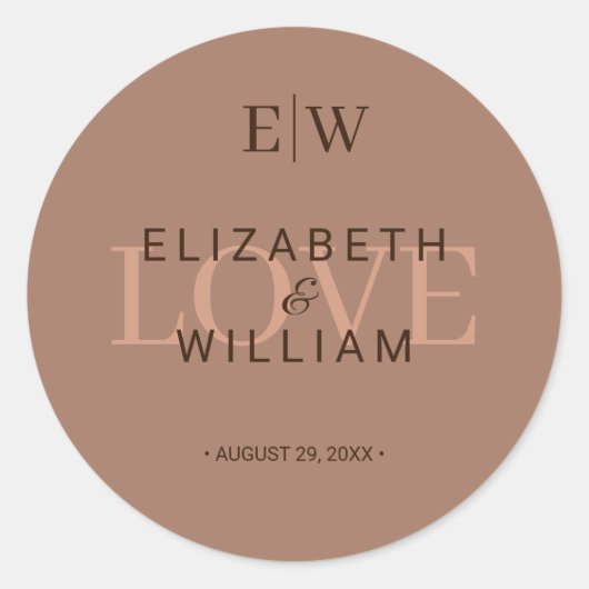 Elegante einfache Mocha-Mousse mit Monogram-Hochze Runder Aufkleber (Vorderseite)