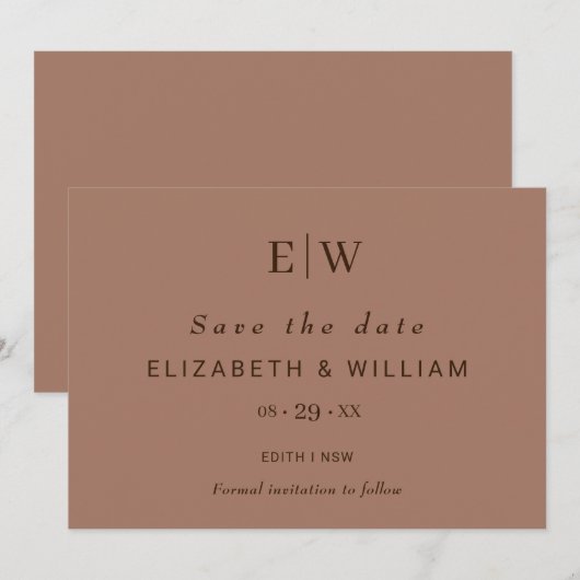 Elegante einfache Mocha-Mousse mit Monogram-Hochze Save The Date (Vorne/Hinten)