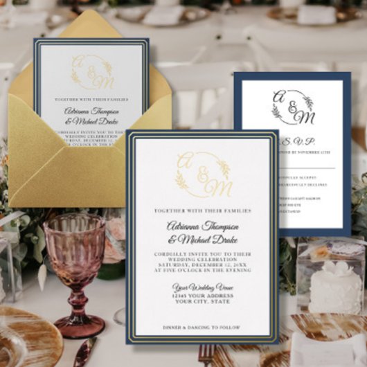 Elegante einfache moderne Goldfoil Navy Blue Weddi Folieneinladung