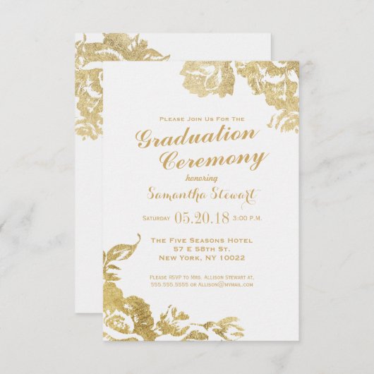Elegante einfache moderne Rose Floral Gold Abschlu Einladung (Vorne/Hinten)