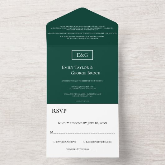Elegante einfache Monogram Green Modern Wedding All In One Einladung (Innen Boden)