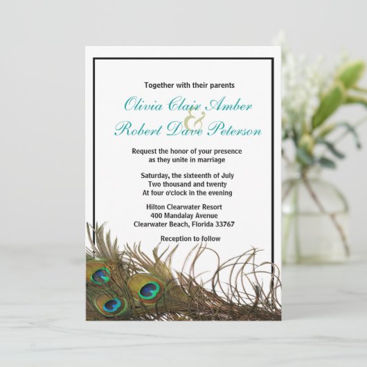 Elegante, einfache Pfauenfedern Hochzeitsfeiern Einladung (Stehend Vorderseite)