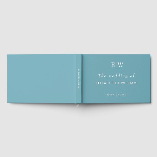 Elegante einfache Retro-Blau-Hochzeit mit Monogram Gästebuch (Voll)