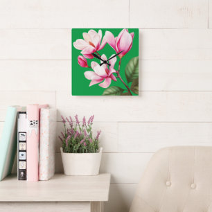 Elegante einfache rosa Blumen-Blumenkunst Quadratische Wanduhr