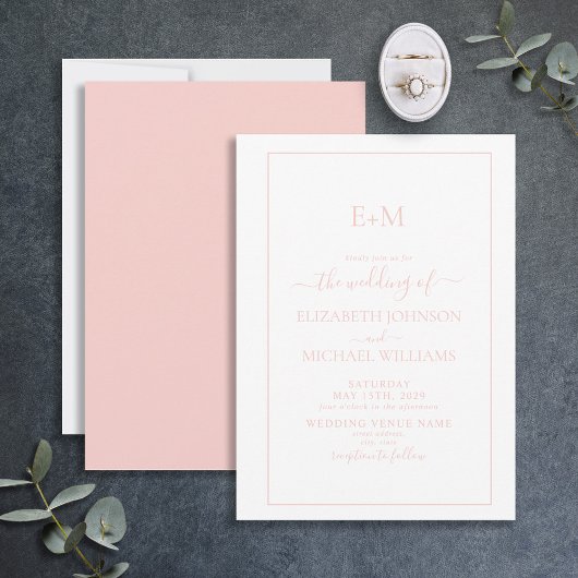 Elegante einfache, rosa, formale Monogramm-Hochzei Einladung