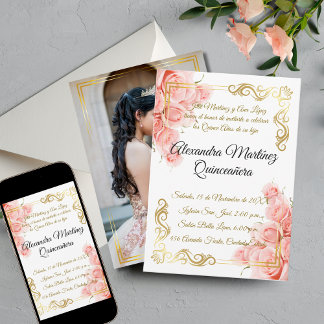 Elegante einfache rosa Roségold-florale Quinceañer Einladung