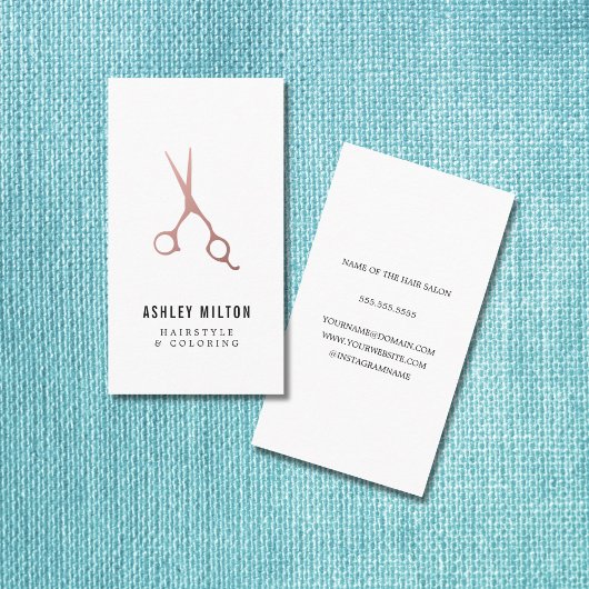 Elegante einfache Rose Gold Scheren Haarstylistin Visitenkarte