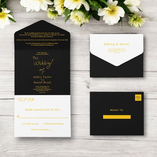 Elegante, einfache Schwarz-Gold-Hochzeit All In One Einladung