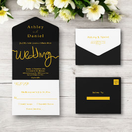 Elegante einfache Schwarz-Gold-Kalligrafie-Hochzei All In One Einladung
