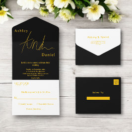 Elegante einfache Schwarz-Gold-Luxus-Hochzeit All In One Einladung