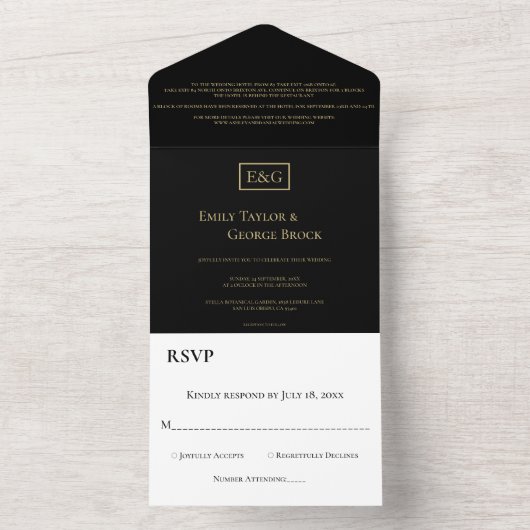 Elegante einfache Schwarz-Gold-Monogramm-Hochzeit All In One Einladung (Innen Boden)