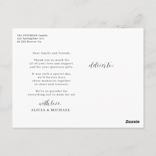 Elegante einfache Schwarz-Weiß-Danke Postkarte (Rückseite)