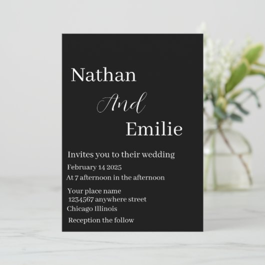 Elegante, einfache Schwarz-Weiß-Einladung Einladung (Stehend Vorderseite)
