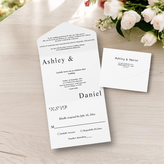 Elegante, einfache Schwarz-Weiß-Hochzeit All In One Einladung