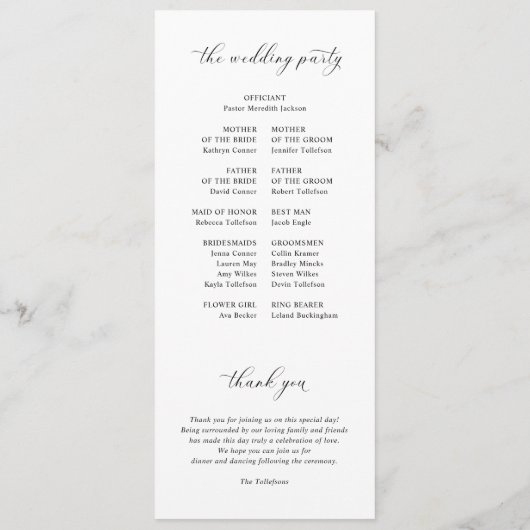 Elegante einfache Schwarz-Weiß-Hochzeit Programm (Rückseite)