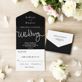 Elegante einfache Schwarz-Weiß-Kalligraphie-Hochze All In One Einladung