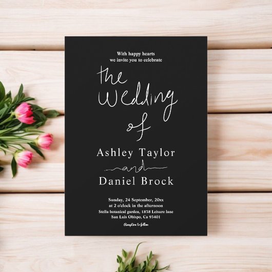 Elegante einfache Schwarz-Weiß-Kalligraphie-Hochze Einladung