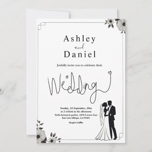 Elegante, einfache Schwarz-Weiß-Paare-Hochzeit Einladung (Vorderseite)