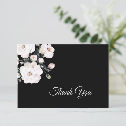 Elegante Einfache Schwarz-weiße Blumenhochzeit Dankeskarte (Stehend Vorderseite)