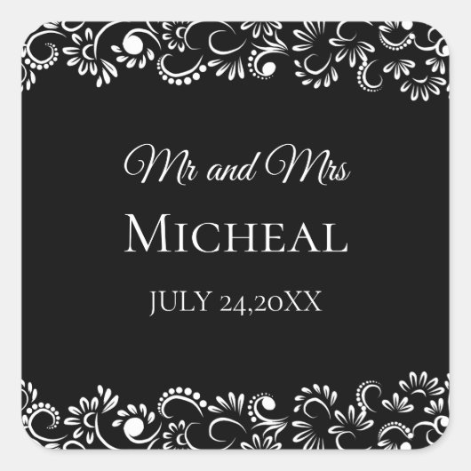 Elegante, einfache, schwarz-weiße Hochzeit mit Blu Quadratischer Aufkleber (Vorderseite)