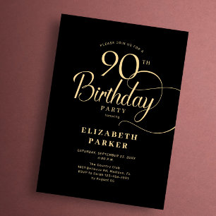 Elegante einfache schwarze Gold-Schrift 90. Geburt Einladung
