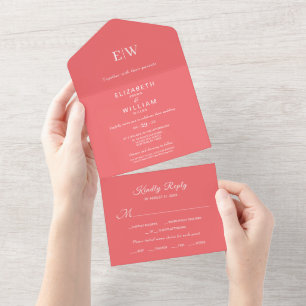 Elegante einfache Sunset Coral mit Monogram Weddin All In One Einladung