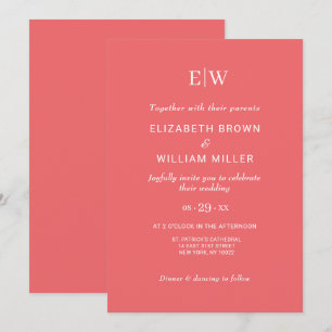 Elegante einfache Sunset Coral mit Monogram Weddin Einladung