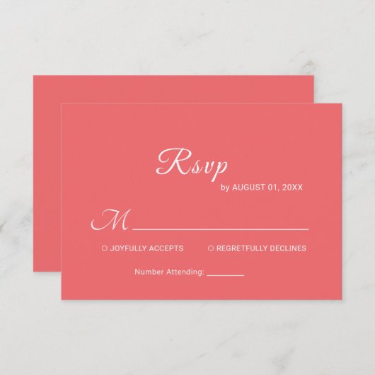 Elegante einfache Sunset Coral mit Monogram Weddin RSVP Karte (Vorne/Hinten)