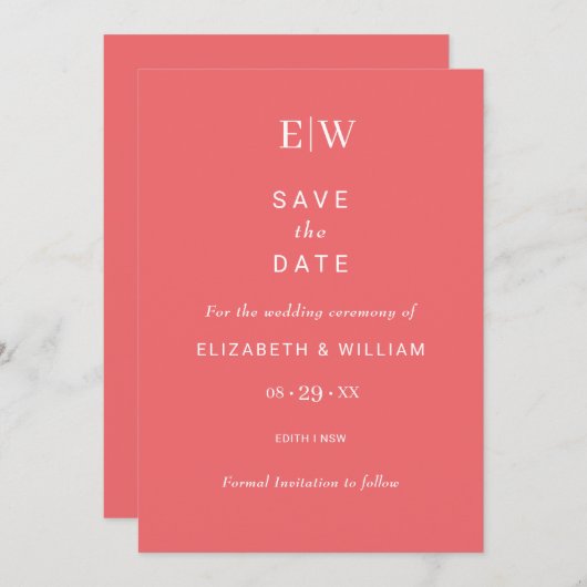 Elegante einfache Sunset Coral mit Monogram Weddin Save The Date (Vorne/Hinten)