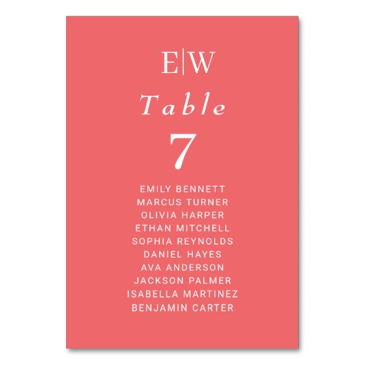 Elegante einfache Sunset Coral mit Monogram Weddin Tischnummer (Vorderseite)
