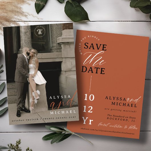 Elegante Einfache Terracotta Rost Foto Hochzeit Save The Date