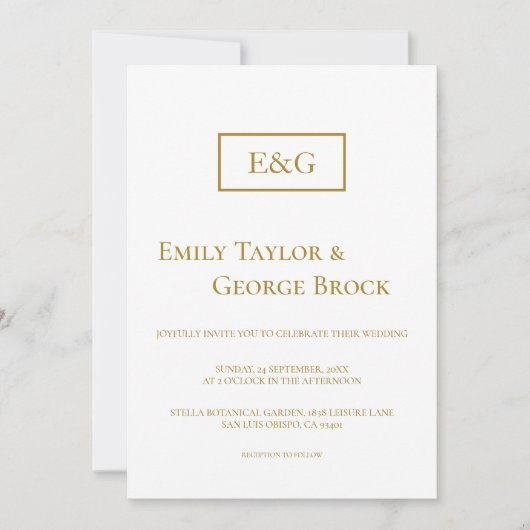 Elegante, einfache, weiße und goldene Monogramm-Ho Einladung (Vorderseite)