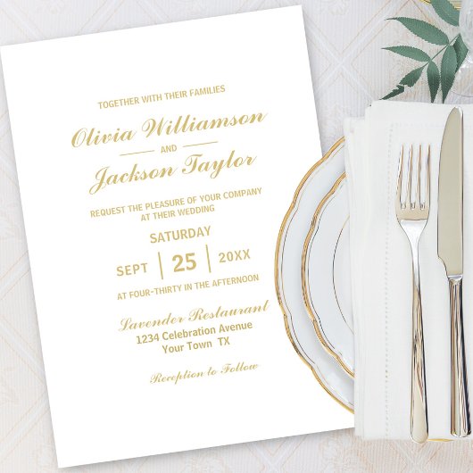 Elegante einfache White-Gold-Hochzeit Einladung