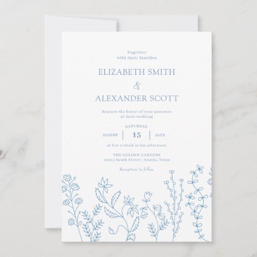 Elegante einfache Wildblume Periwinkle Wedding Einladung (Vorderseite)