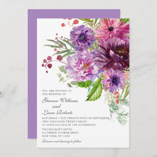 Elegante einfarbige Hochzeit der Wasserfarben Einladung (Vorne/Hinten)