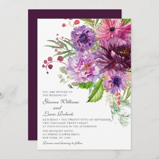 Elegante einfarbige Hochzeit der Wasserfarben Einladung (Vorne/Hinten)