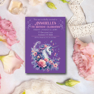 Elegante Einhorn Hübsch Rosa Lila Girls Geburtstag Einladung