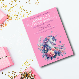 Elegante Einhorn Hübsch Rosa Lila Girls Geburtstag Einladung